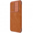 Prabangus „Nillkin“ Qin Pro serijos rudas odinis atverčiamas Samsung Galaxy S23 FE (Fan Edition) dėklas
