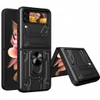 Sustiprintos apsaugos „Kickstand“ Samsung Galaxy Z Flip4 (F721) juodas kieto silikono (TPU) ir plastiko dėklas