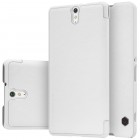 Prabangus „Nillkin“ Qin serijos baltas odinis atverčiamas Sony Xperia C5 Ultra dėklas